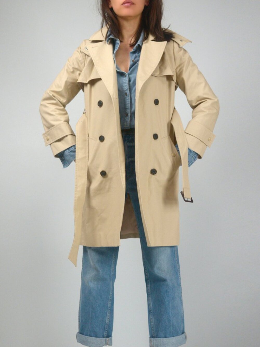 J Crew New Icon Hooded Trench Coat, Double Breasted Belted Cotton Jacket, sz 2P
